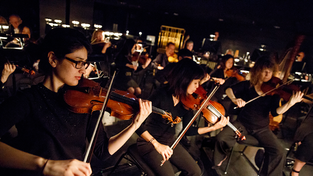 Orchestra members in the pit.